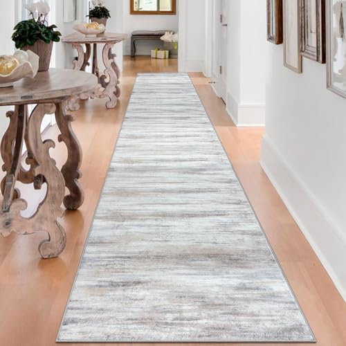 KOZYFLY Modern Abstract Kitchen Runner Rug, 2.6x16 Washable Rug Runner Non-Slip Soft Striped Hallway Runner Rugs, Beige Print Distressed Carpet Runner for Entryway Bathroom Laundry Room Foyer
