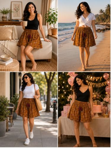 Image of B STORIES Women's Ultra-Soft Printed 100% Viscose Culotte Shorts | Soft Casual High Waist Lounge Shorts | Girls Ladies Stylish Quirky Casual Summer Beach Bottoms (S-XXL)