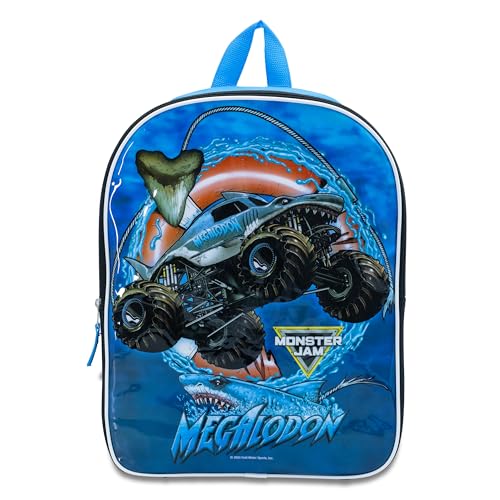 Fast Forward Mochila infantil Monster Jam – Mochila infantil Megalodon – Mochila Monster Truck com capa para laptop – Bolsa infantil com bolsos laterais e alças acolchoadas – Mochila escolar infantil