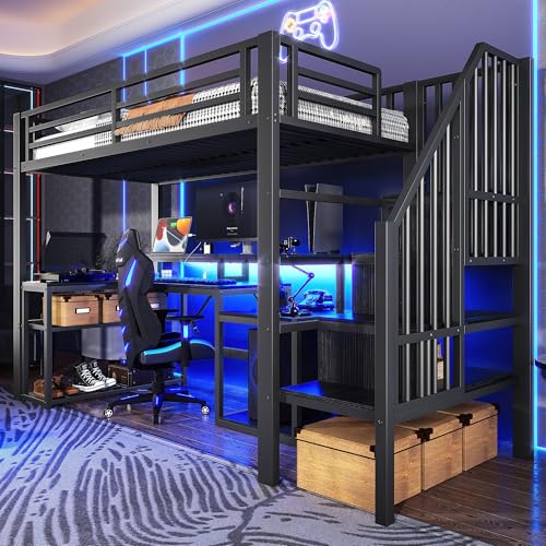 Cama alta con escritorio que soluciona dormitorios pequeños con luces LED 6