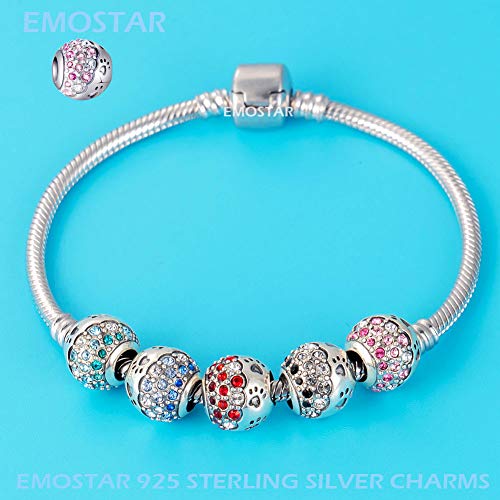 Dog Paw Print Charms With Colorful Pink Crystals, 925 Sterling Silver Puppy Pet Pawprint Footprint Beads, Fits Pandora Valentines Bracelet, Gifts For Mothers Day/Birthday/Easter #TOP3
