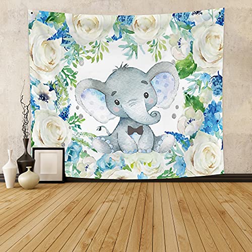 Renaiss 34X27.5 Inch Baby Elephant Tapestry, White Rose And Blue Flowers Cute Watercolor Little Elephant Wall Tapestry For Bedroom Living Room Dorm Home Decor #TOP2