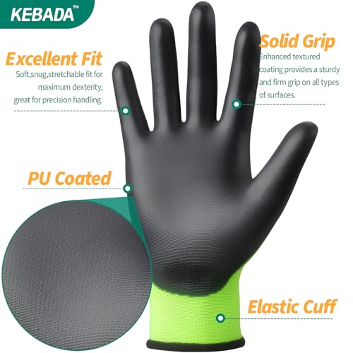 Image of Kebada W1 Work Gloves for Men and Women, Touchscreen PU Coated Gloves with Grip, 50 Pairs Bulk Pack, Ideal for Warehouse Package Handling, Construction, Gardening, Green XX-Large