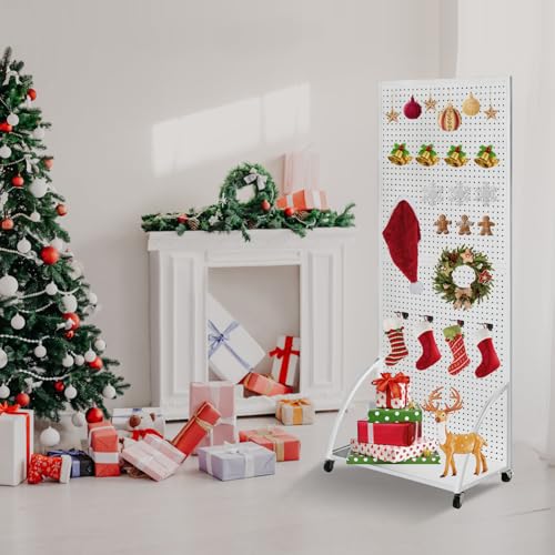 Eastern Tree 2.5'x 6' Metal Pegboard Display Stand with Base Plate, Standing Pegboard Display with Wheels, Peg Board Display Rack, Art Peg Board Panels Display Stand, Extra 20 pieces Hooks - White