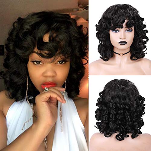 Short Curly Wigs with Bangs Black Afro Kinky Curly Wig Bouncy Fluffy Synthetic Hair Heat Resistant Wigs Cosplay Party Full Wigs for Women 1B