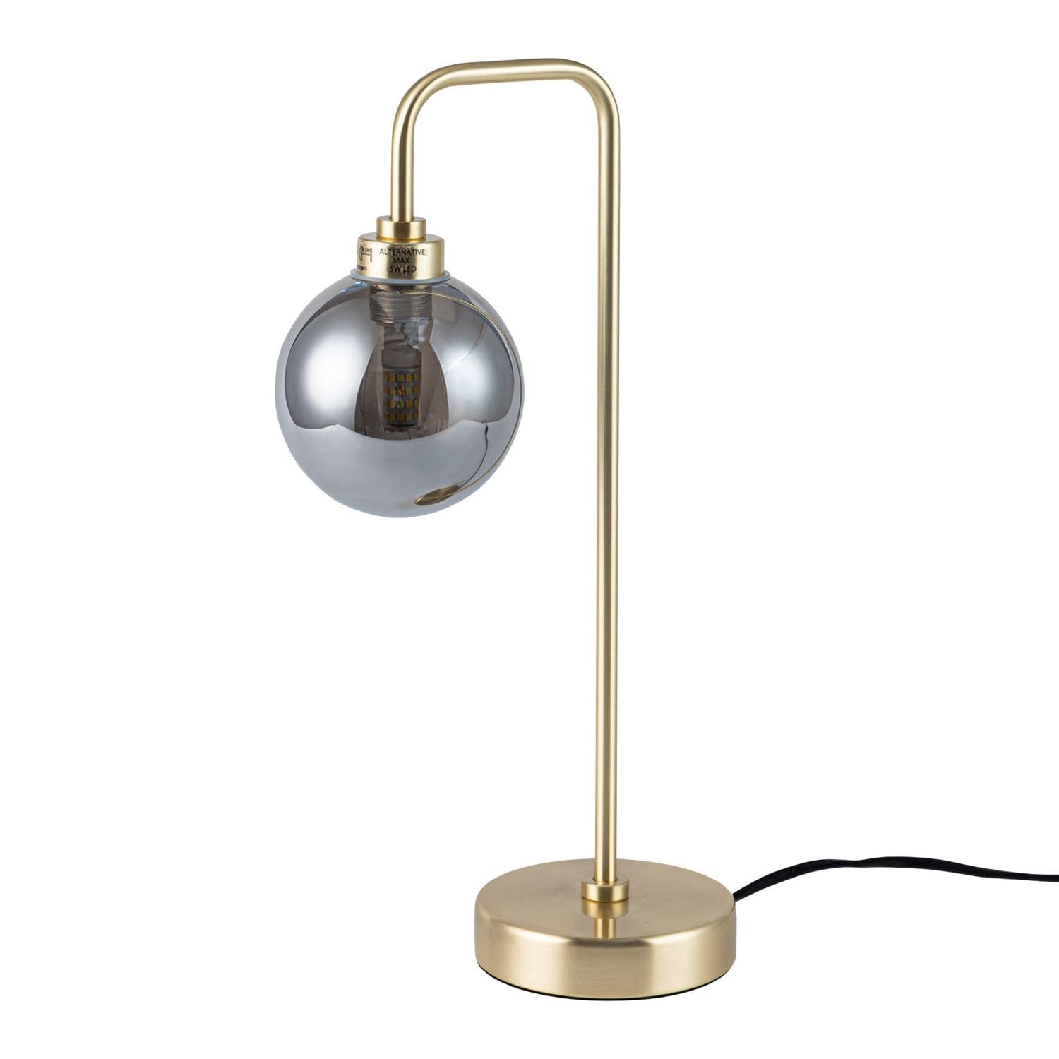 Firstchoicelighting Satin Brass & Smoke Brushed Gold Brass Table Lamp Or Bedside Light With Smoked Glass Globe Shade, Height 38Cm, Led Compatible