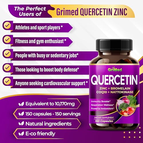 GriMed Quercetin 19,800mg - X15 Power with Zinc, Bromelain, CoQ10 + Nattokinase -Immunity Booster, Powerful Antioxidant - Made in USA (150 Count (Pack of 1))