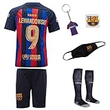 emrblack 2 Barcelona Heim Robert Lewandowski Kinder Trikot #9, 2022/2023 Saison, Kommt mit Shorts, Socken, Gesichtsmaske, Armband Fußballfans (8-9 Jahre,152)