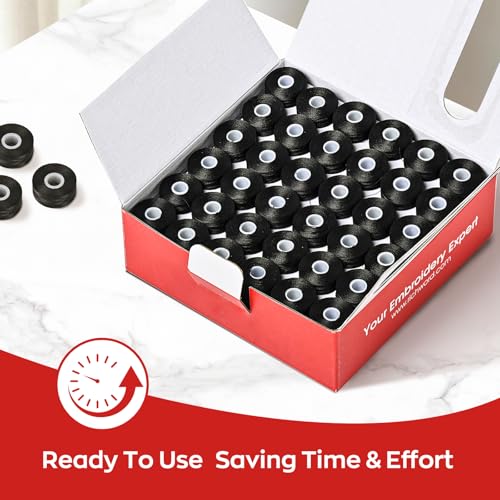 Image of Poolin Prewound Bobbins, Richword Selected Black SideLess 144pcs Size L(SA155), 75D /2(60WT) Polyester Bobbin Thread for Commercial Multi Needles Embroidery Machine, 120 Yards