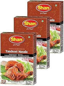 Shan Tandoori Recipe and Seasoning Mix 1.76 oz (50g) - Spice Powder for Tandoori Style Barbecue Chicken - Suitable for Vegetarians - Airtight Bag in a Box (Pack of 3)