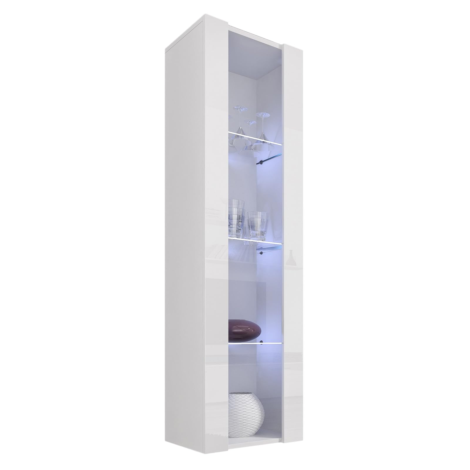 MB Muebles Bonitos Vitrina de Salón Moderna Tipo Columna con Iluminación LED Azul, Estantería Estrecha de 4 Compartimentos, Acabado Blanco Brillo, 172x40x29 cm, Modelo Nora V5
