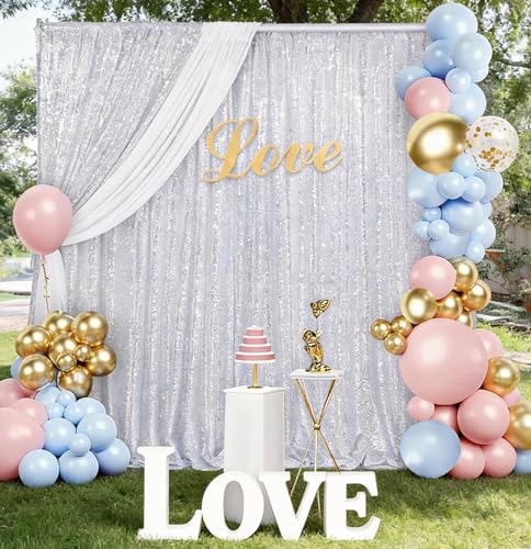 Image of Silver Sequin Backdrop Curtain Drapes 8ftx8ft Glitter Fabric Photo Backdrop | Twilight Sparkle Photo Backdrop Curtain for Wedding /Baby Shower /Pincess Happy Birthday /Graduations /New Years /Theme Party