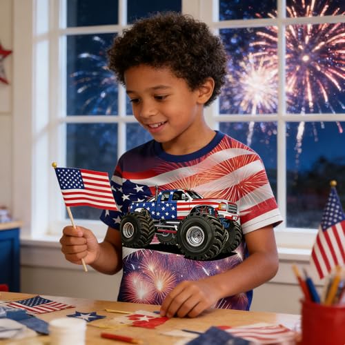 Image of Boys 4th of July Shirt American Flag Tshirt for Kids USA Flag Outfits Toddler Patriotic Tee Monster Truck Top T-Shirt 3-10T