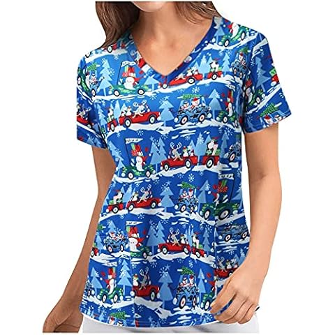 Christmas Scrubs Uniforms for Women, Short Sleeve V-Neck Shirts Working Uniform Christmas Scrub Tops Cute Cartoon Print Graphic T-Shirt Tunic Blouse Loose with Pockets Cover
