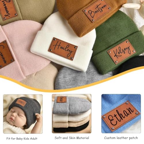 Personalized Baby Beanie with Name, Custom Leather Patch Toddler Winter Hat Baby Boys Girls Knit Warm Beanies Kids3