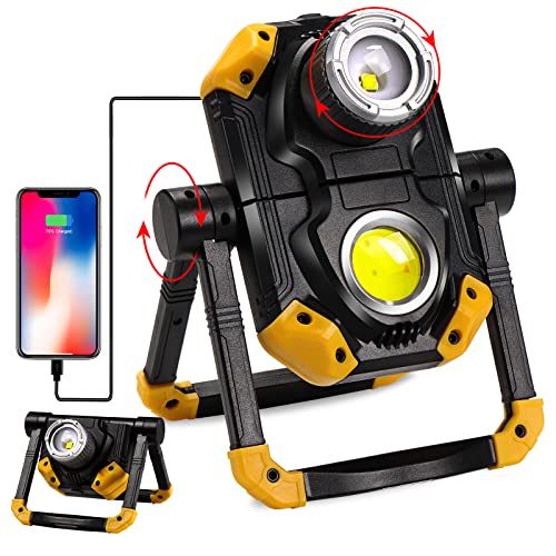 Adelante Rechargeable LED Work Light, 2500LM 30W COB Magnetic Working Lights with 4000 Capacity Mobile Charger & 360°Rotate Stand (Yellow)