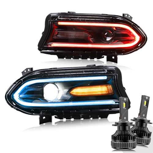 VLAND Projector LED Headlights Assembly & 9005 LED Bulbs Compatible For Dodge Charger 2015-2024, W/Dual Beam Lens DRL Front Lamps, Not Fit Xenon Models