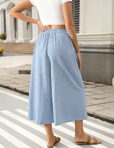 Image of TARSE Women Wide Leg Capri Pants Loose Gingham Plaid Culottes Summer Elastic Waist Palazzo Trousers Bottoms with Pockets