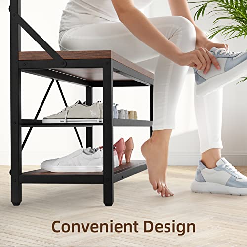 IDEALHOUSE Coat Rack Shoe Bench Industrial Hall Tree Storage Bench for Entryway, Wood Look Accent Large Shoe Rack with Storage Shelf Hanging Bar,8 Hooks Rustic Brown 39.9"x15.7"x72"