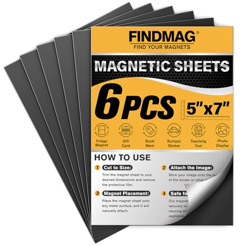 FINDMAG Magnetic Adhesive Sheets, 6 Pack Each 5" x 7" Flexible Magnet Strips with Self Adhesive Backing, Cut and Customize Sheets Magnet for Picture, Photo, Craft, DIY and Stickers
