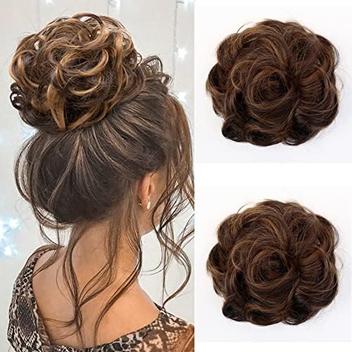 JJstar 2PCS Messy Bun Hair Piece Curly Fake Hair Buns Donut Tousled Updo High Heat Resistant Synthetic Fiber Hair Scrunchies Pieces for Women Girls Ponytail Extension(Black Brown)