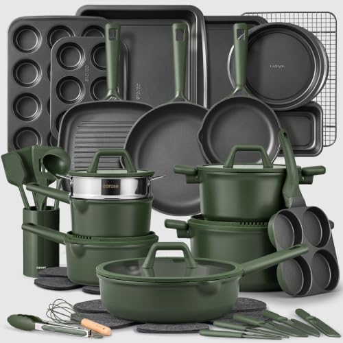 Image of CAROTE 49pcs Nonstick Cookware Set, Pots and Pans Set with Bakeware | Cooking Set with Silicone Lids, Ultra Durable, Easy Clean, Induction Compatible, Even Heating, with Knife Set, Green