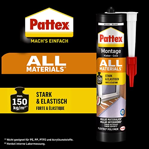 Pattex Montagelijm alle materialen, sterk hechtende alleslijm, krachtlijm voor binnen en buiten, lijm voor absorberende en niet-absorberende materialen, 1 x 450 g - Afbeelding 4