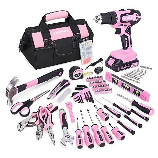 FASTPRO 232-Piece 20V Pink Cordless Lithium-ion Drill Driver and Home Tool Set, Lady's Repairing Kit with 12-Inch Wide Mouth Open Storage Bag