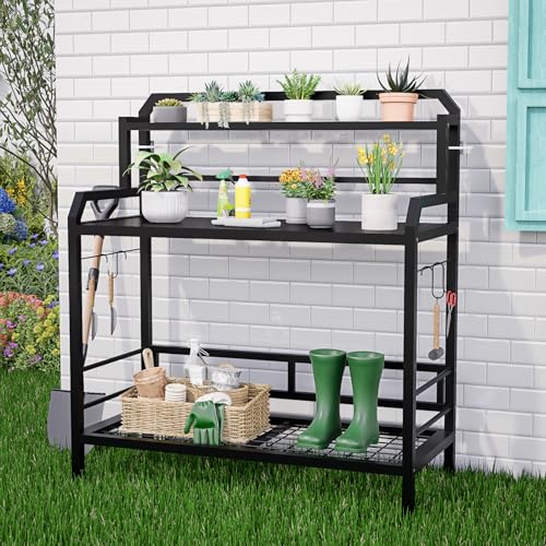 Outdoor Metal Potting Bench Table with Storage,3-Tier Heavy Duty Garden Workbench,All-Weather Gardening Table with 4 Side Hooks,18' D x 39' W x 32' - 47' H,Black
