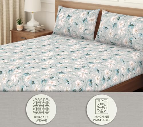 Image of Welspun Enzo 100% Cotton 144 TC Percale Floral King Fitted Sheet with 2 Pillow Covers | Easy Care, Breathable, Soft & Lightweight - 183 x 198 + 30 Cm - Light Grey