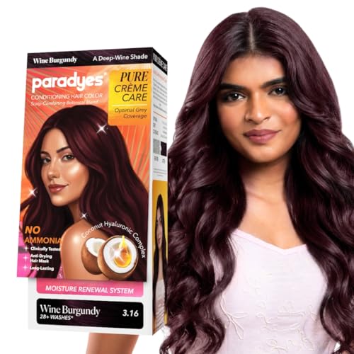 Image of Paradyes Pure Creme Care No Ammonia Hair Color Wine Burgundy 3.16 | Long-Lasting Creme Formula | Grey Coverage | Coconut Milk + Almond Oil + Hyaluronic Complex | Smooth & Shiny Finish | 60g+10 ml