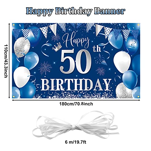 Image of 50th Birthday Banner Backdrop,BTZO Happy 50th Birthday Decorations,Blue Silver Fabric Photo Backdrop Background for Men and Women 50th Birthday Party,70.8 x 43.3Inch
