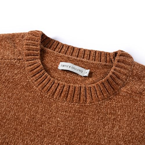 Image of Simple&Opulence Women's Chenille Sweater Crewneck Long Sleeve Pullover Ribbed Cuff Hem Round Neck Jumper Tops