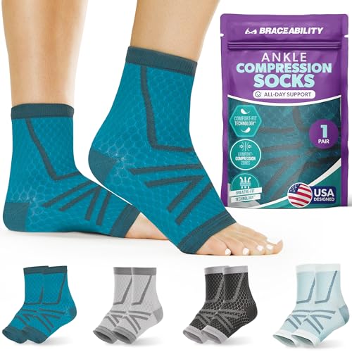 Image of BraceAbility Athletic Ankle Compression Socks for Men or Women - Toeless Running Ankle Brace Support Sleeves for Sports, Workout, Plantar Fasciitis, Achilles Tendonitis, Foot Pain Relief (XL - Teal)