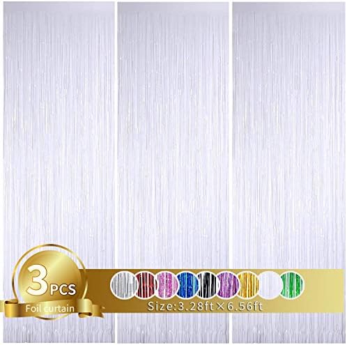 TONIFUL 3Pcs White Metallic Tinsel Foil Fringe Curtains,3.28ft x 6.56ft White Photo Booth Backdrop Streamer,Photo Booth Props,for Party Door Wall Curtains Bachelorette Birthday