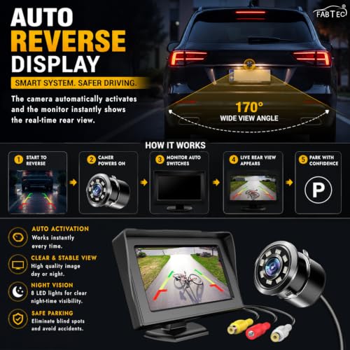 Image of FABTEC 4.3 Inch TFT LCD Car Rear View Monitor Screen with 8 LED Night Vision Reverse Parking Camera | Universal Dashboard Display Monitor with Backup Camera