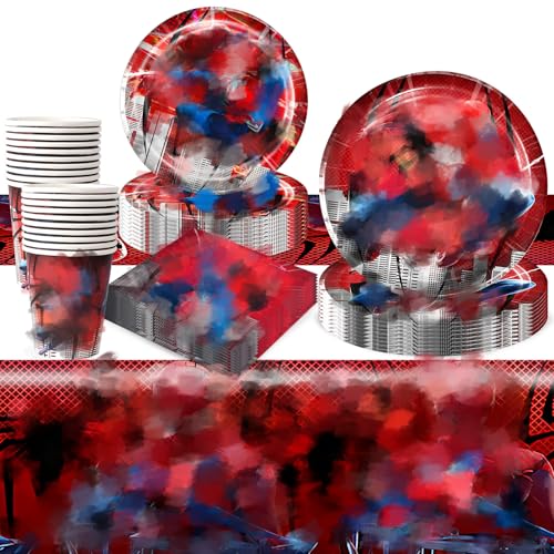 81Pcs Birthday Decorations Spider Party Decorations Kids Tableware Set Birthday Party Plates Cups and Napkins Tablecloth 20 Guests