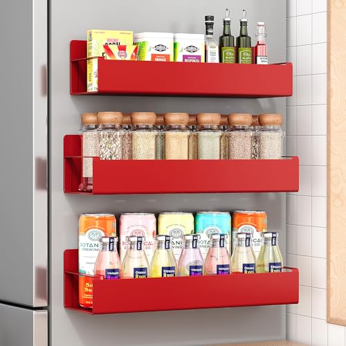 Image of OrganizeMee Movable Kitchen Organizer Storage Spice Magnetic Rack, Decorate Your Fridge,Washing Machine & Microwave Oven with Magnetic Metal Fridge Side Rack 1 Year Warranty: Red Set Of 3