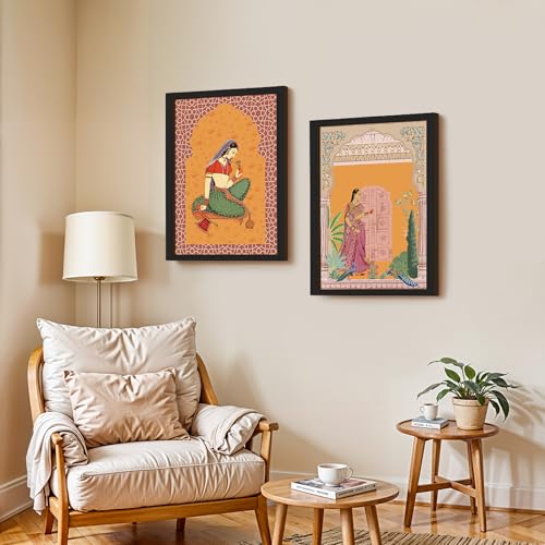 Image of NoWorries Traditional Theme frames of Rajasthan Wall Decor Wall frames for Home and Cafe Decoration - Madhubani art Big Size Wall Painting for Wall Decoration - Set of 2 Traditional frames for dining room (Synthetic Wood frame) (Leminated 300 GSM Pigment Digital Print) (framed, Multicolur) Set of 2