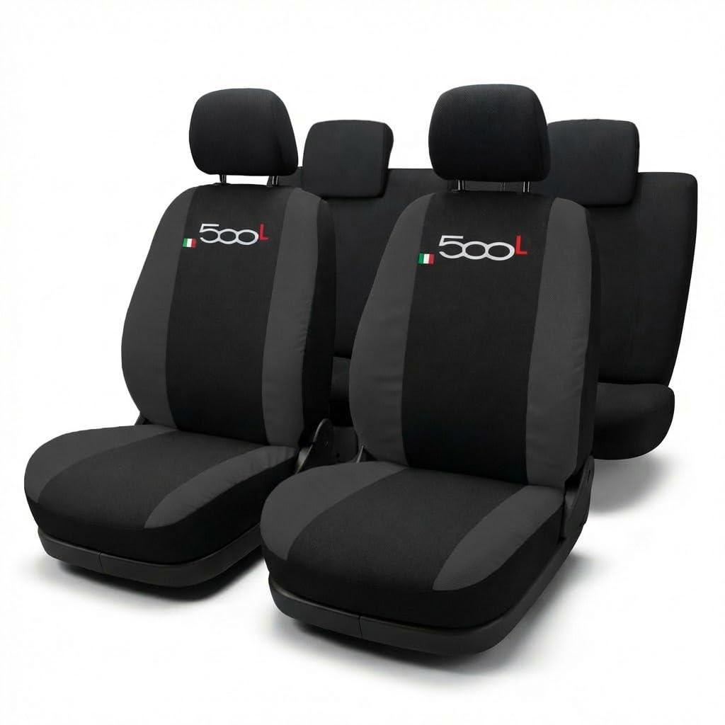 Lupex Shop Copri-sedili Auto Compatibili 500L Nero Grigio scuro | Set Copri-Sedile Anteriori e Posteriori | Logo Ricamato | Airbag Compatibile | Accessori Auto Interno