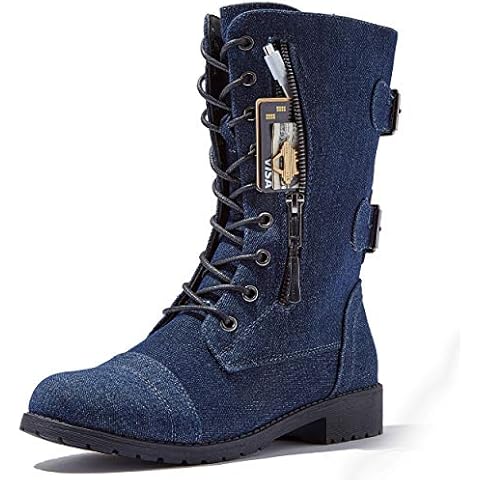 DailyShoes Women's Military Lace Up Buckle Combat Boots Mid Knee High Exclusive Credit Card Pocket, Blue Denim, 10 B(M) Cover