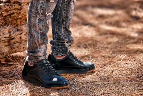 Image of CALTO Men's Invisible Height Increasing Elevator Shoes - Noir /Black & Gum Sole Premium Leather Leather Lace-up Fashion Sneakers - 2.6 Inches Taller - Y7931 - Size 10 D(M) US