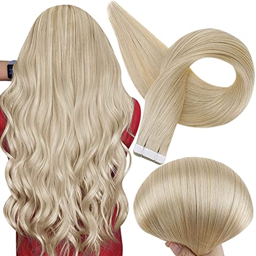 Full Shine Tape in Hair Thick Ends Extension 12Inch Double Sided Hair Extension Color 613 Bleach Blonde Skin Weft Real Tape Hair Extensions Tape Human Hair Extensions 100% Real Hair Seamless Hair