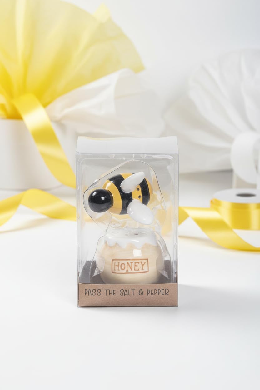 Honey Bee with Honey Pot Salt and Pepper Shaker Set, Ceramic, Yellow and Black, Spring and Summer Kitchen and Dining Decor, 2.5" x 5.75" x 4.5", Gift Box Included