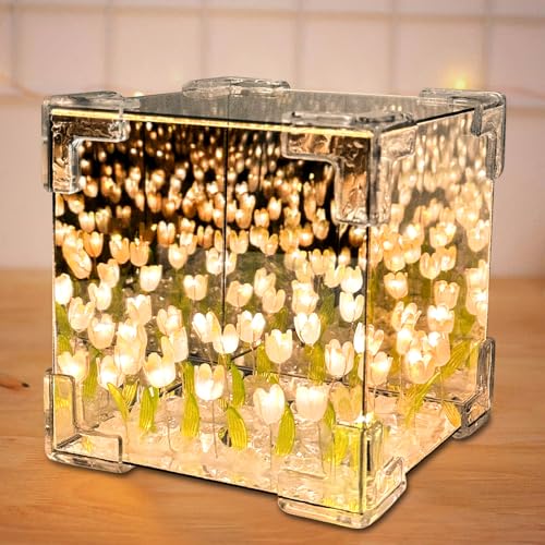 Qunkun Veilleuse Tulipe DIY - Lampe LED avec Miroir Fleurs et Design Nuage - Pour Table, Chambre à Coucher, Décoration de la Maison (A)