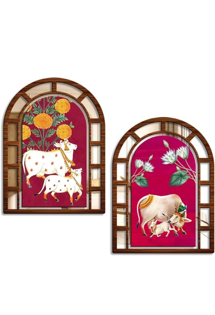 AANAHA Pichwai Cow and Calf Wall Art, Set of 2, Arched Window Frame with Mirror, Digital Print on Engineered Wood, 39.3 x 29.5 cm-image-15