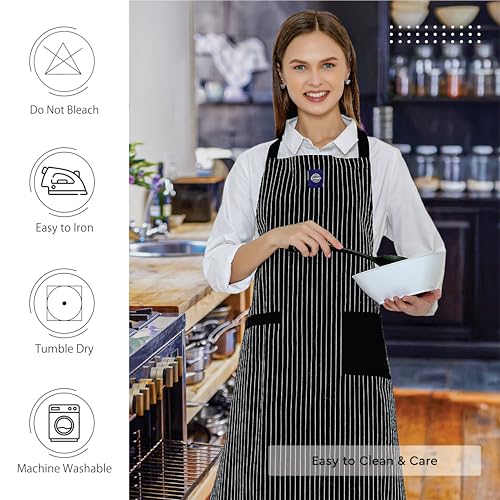 Image of Encasa XO Cotton Cooking kitchen Apron for Women and Men chef apron With adjustable neckstrap, Pocket & Towel Holder for Easy cooking, Baking, BBQ, Gardening- Butcher Stripes Black, 68x85 cm