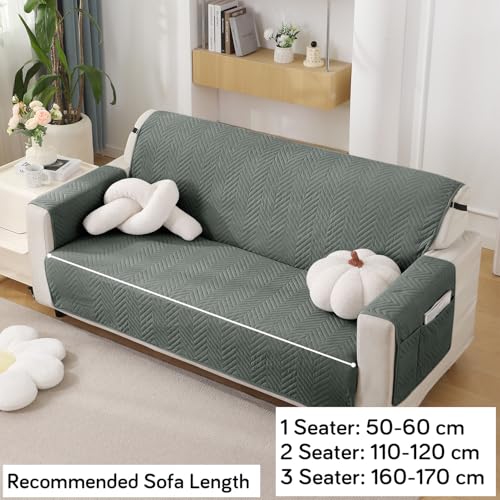 Image of HOKIPO Polyester Quilted 3 Seater Sofa Cover Mat with Pockets, Dark Grey (In-803-Dgry)