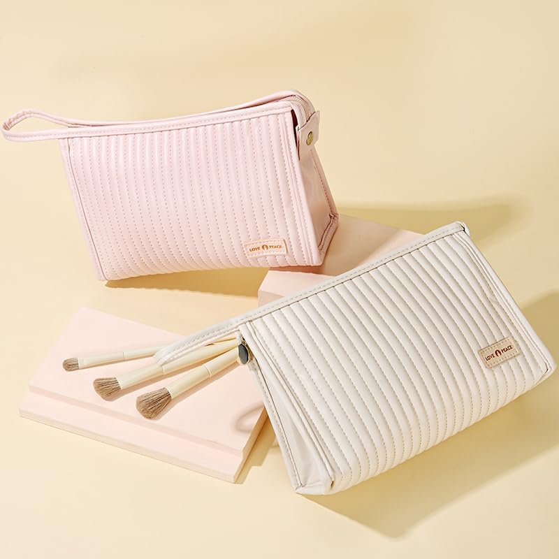 Miniatura 3 de Bolsa de maquillaje para mujer, bolsa grande con cremallera para uso diario, bolsa de cosméticos de piel sintética, bolsa de cuidado de la piel con