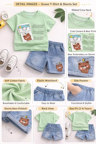 Image of Bold N Elegant Baby Boy Girl Camera Click T-Shirt with Denim Shorts Cotton Co-Ord Set Summer Outfit for Infant Toddler Kids Upto 5 Years